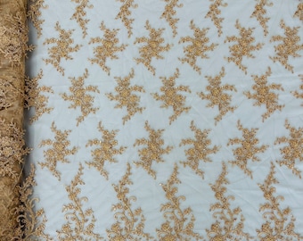 Champagne Beaded Sequin Fabric: Floral Embroidery Bridal Lace