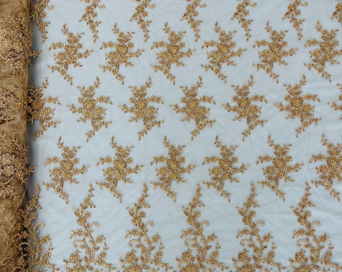 Champagne Beaded Sequins Fabric, Embroidery With Beaded Sequin on a Mesh, Floral Bridal Lace Fabric by the yard (Pick a size )