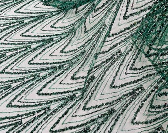 Hunter Green Fashion Design Beads and Sequins, Luxury Beaded Fabric Embroidered on a Mesh Lace,Wedding,Bridal,Dress Sold By The Yard