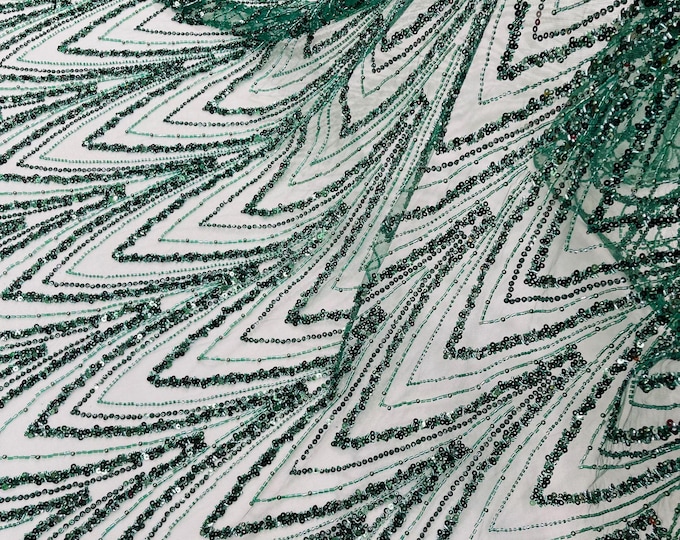 Hunter Green Fashion Design Beads and Sequins, Luxury Beaded Fabric Embroidered on a Mesh Lace,Wedding,Bridal,Dress Sold By The Yard