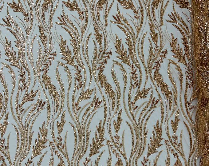 Rose Gold Wavy Lines Leaf Pattern Beaded Fabric - Embroidered Line Beaded Wedding Bridal Fabric Sold By The Yard