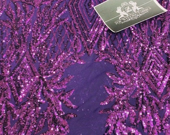 Plum Sequin Fabric – Geometric Diamond 4-Way Stretch Mesh, Gala Gown