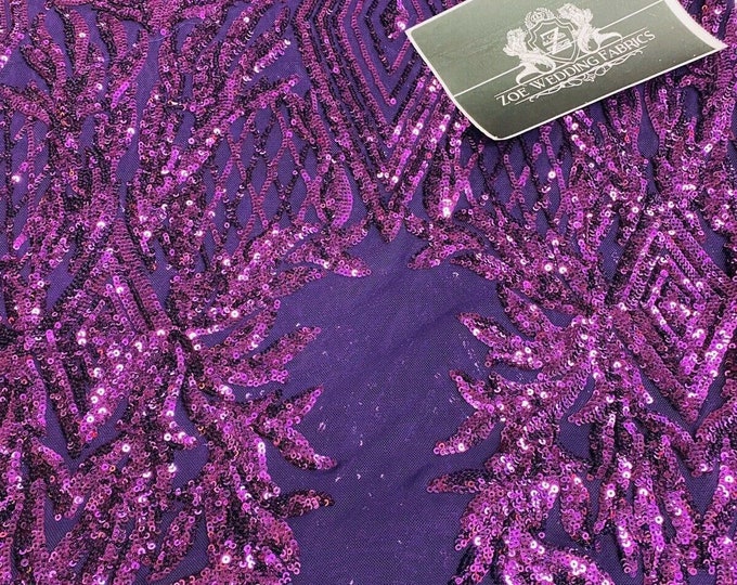 Plum Sequins Fabric - 4 Way Stretch Geometric Diamond Design on Mesh Fabric for Prom Gala Gown By The Yard