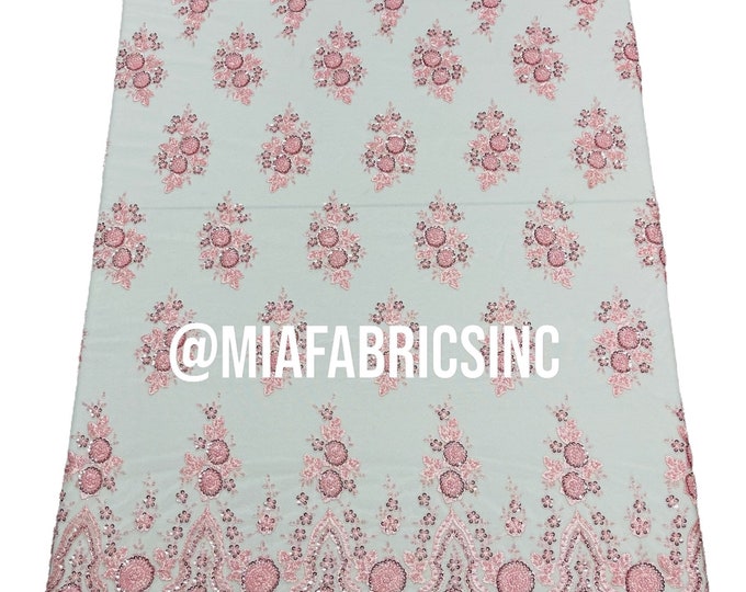 Pink Beaded Fabric Embroidered on a Mesh | Fashion Design Beads and Sequins | Beaded Lace | Beaded Wedding | Bridal Lace Fabric by the yard