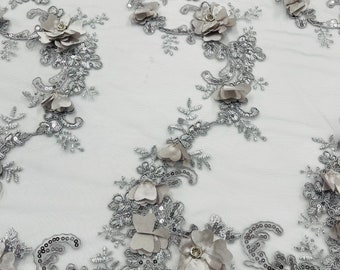 Silver 3D Floral Lace Fabric: Embroidered Sequins & Rhinestone Flowers