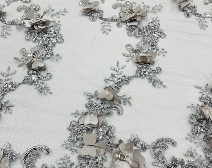 Silver 3D Floral-Flower Lace Fabric | by the yard | Embroidered With Sequins & Rhinestone 3D Flower| Lace Floral | Bridal Wedding