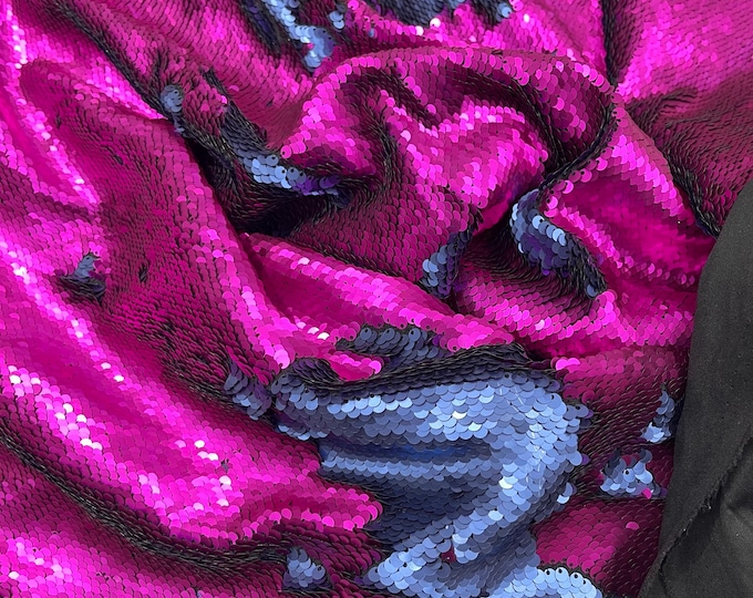 Matte Navy/Fuchsia Pink Sequins Fabric: 2-Way Stretch Flip-Up Reversible Sequin