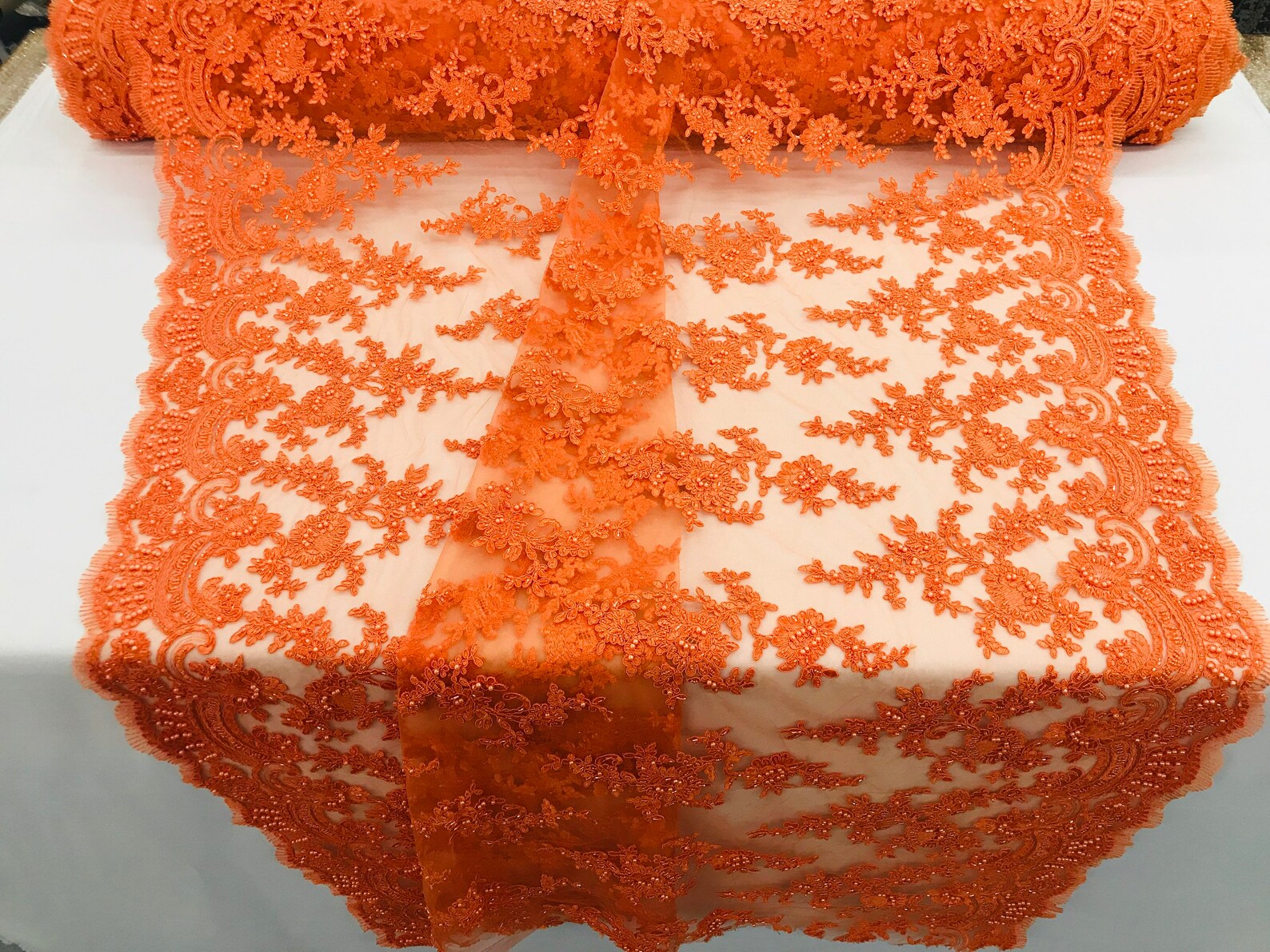 Orange Beaded Fabric Cluster Bead Fabric Embroidered Flower Etsy
