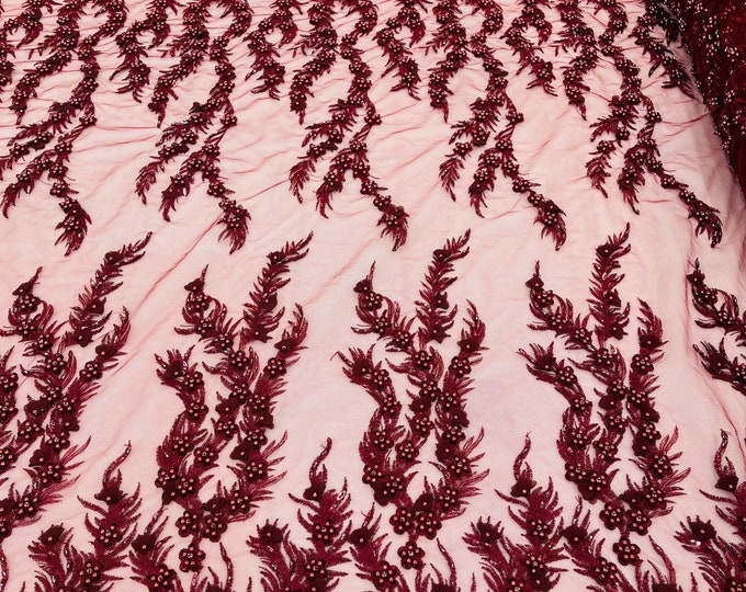 Burgundy Beaded Fabric - Embroidered Flower Beaded Fabric Wedding Bridal Sold By Yard
