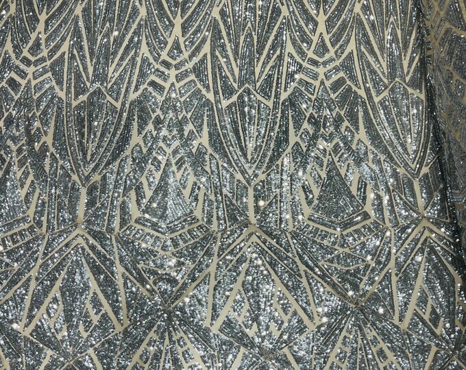 Silver Sequin Fabric by the yard on Nude Mesh 4 Way Stretch - Geometric Design Embroidery With Sequins Iridescent (Pick a Size)