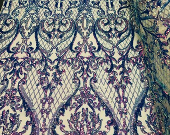 Iridescent Lavender Sequin Fabric – Heart Damask Pattern on Mesh