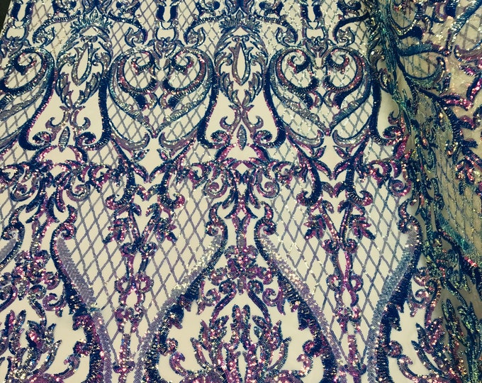 Iridescent Lavender Sequin Fabric - 4 Way Stretch Sequins Heart Pattern Damask with Fish Net Details on Mesh Sold By Yard