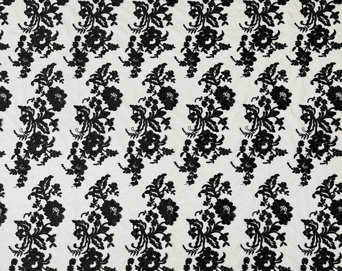 Black Flower Design Embroidered on Mesh Lace Fabric, Floral Bridal Lace Wedding Dress by the Yard (Pick a Size)