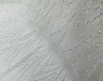 White Fashion Design Beads and Sequins, Luxury Beaded Fabric Embroidered on a Mesh Lace,Wedding,Bridal,Dress Sold By The Yard