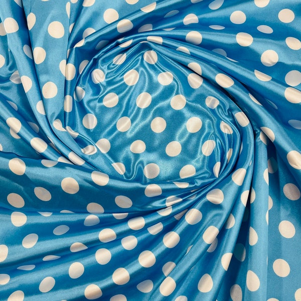 Mia Fabrics Inc, Polka Dot Satin Fabric - Turquoise/White Dots - Super Soft Silky Satin Polka Dot Fabric Sold By Yard