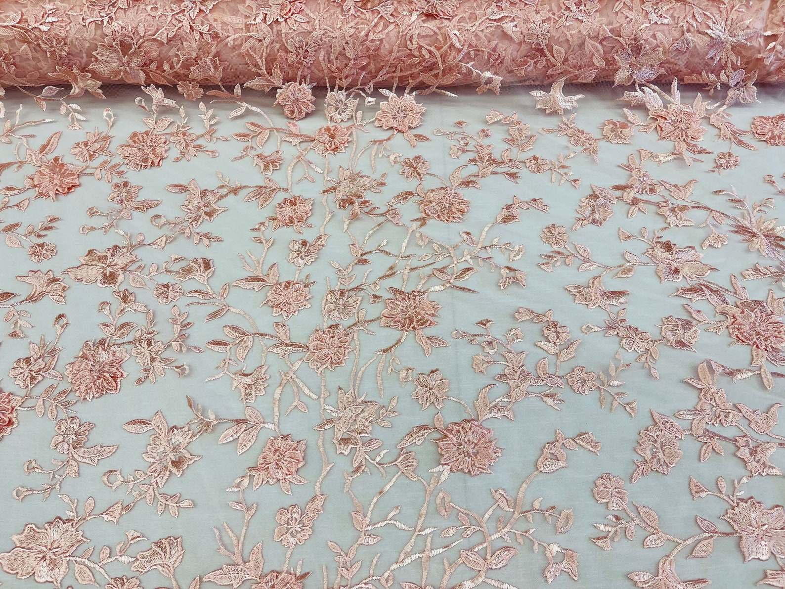 3D Floral Appliqué Lace on Sheer Mesh, Raised Embroidered Flowers and Leaves