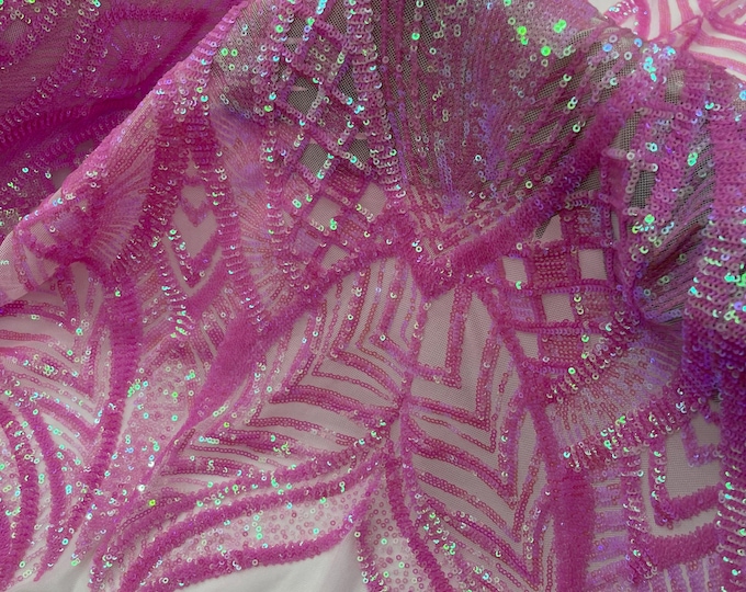 Candy Pink Iridescent Sequins on Mesh Lt Pink, Royalty Design on a Mesh 4way Stretch Sequin-Prom-Gown By The Yard