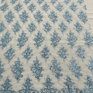 Baby Blue Floral Lace Fabric - by the yard - Embroidery With Sequins on a Mesh Lace Fabric For Wedding-Bridal