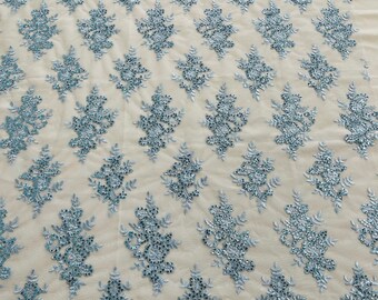 Baby Blue Floral Lace Fabric - by the yard - Embroidery With Sequins on a Mesh Lace Fabric For Wedding-Bridal
