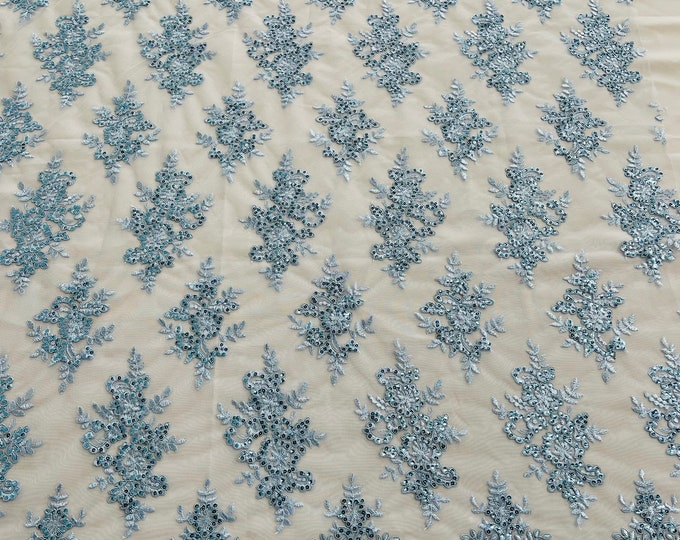 Baby Blue Floral Lace Fabric - by the yard - Embroidery With Sequins on a Mesh Lace Fabric For Wedding-Bridal