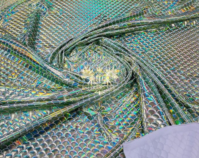 Mia's Fabrics Inc, Mermaid Design Lime Iridescent Metallic Nylon Spandex 4-Way Stretch 58/60”, Sold By The Yard (Pick a Size)