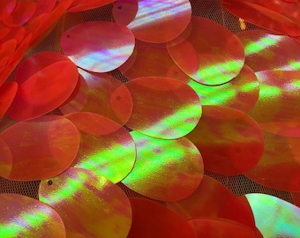 Neón Orange Iridescent Big Sequins Oval Sequin Paillette, by the yard - Tear Drop Mermaid Jumbo Sequins Fabric On a Mesh (Pick a Size)
