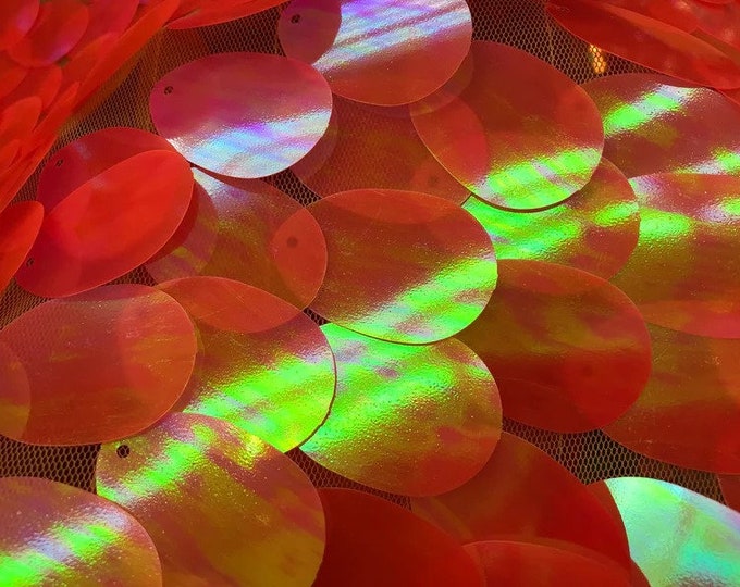 Neón Orange Iridescent Big Sequins Oval Sequin Paillette, by the yard - Tear Drop Mermaid Jumbo Sequins Fabric On a Mesh (Pick a Size)
