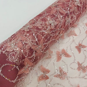 Tessuto con paillettes ricamate a farfalla color rosa antico, rete con perline, per matrimonio