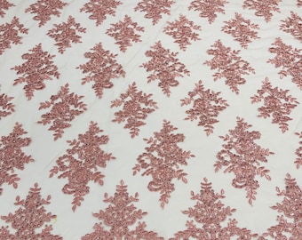 Dusty Rose Floral Lace Fabric: Embroidered Sequins Mesh, Bridal Gown Material