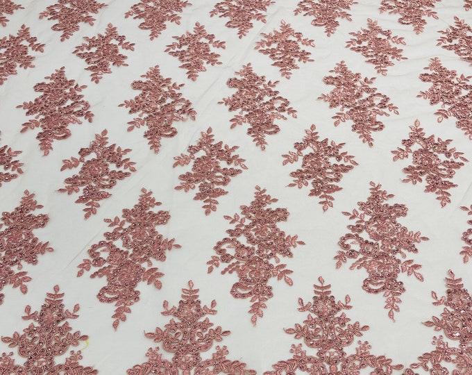 Dusty Rose Floral Lace Fabric - by yard - Embroidery With Sequins on a Mesh Corded Lace Fabric, For Gown - Wedding - Bridal