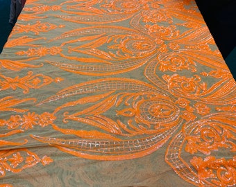 Neon Orange Damask Sequins Fabric, 4-Way Stretch Spandex Mesh, Gala Gown