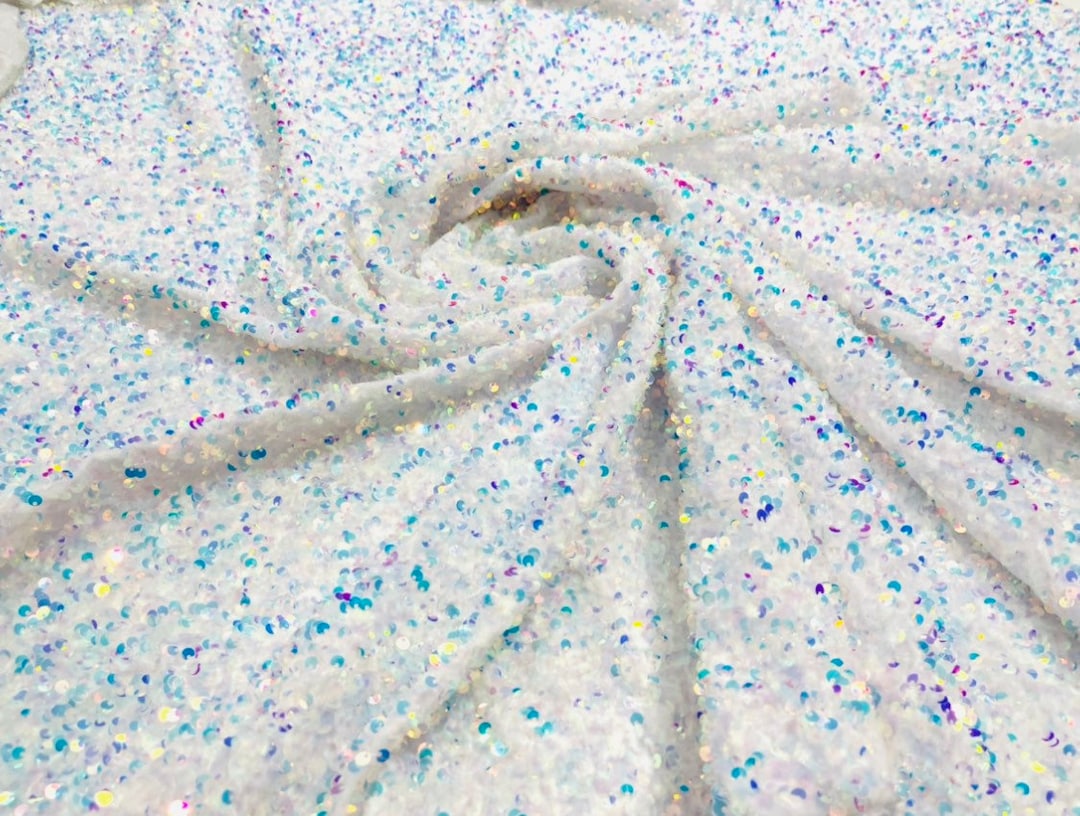 Clear Iridescent Sequin Fabric on White Stretch Velvet - by the Yard ...