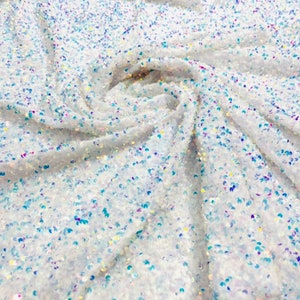 Clear Iridescent Sequin Fabric on White Stretch Velvet - by the yard - all Over 5mm Sequins Velvet 2-way Stretch 58/60”