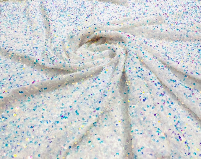 Clear Iridescent Sequin Fabric on White Stretch Velvet - by the yard - all Over 5mm Sequins Velvet 2-way Stretch 58/60”
