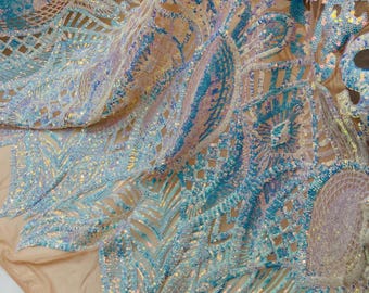 Aqua Iridescent Sequin Fabric - by yard - On Nude Power Mesh, Royalty Design 4 Way Stretch Sequins Fabric Prom-Gown