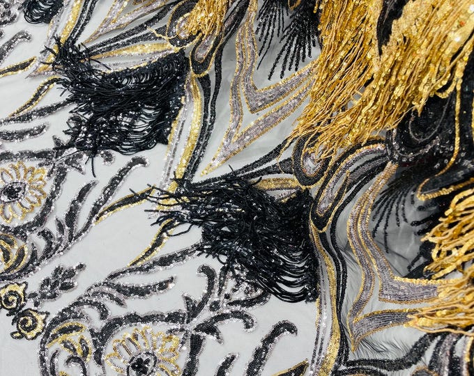 Black Multi Color Gold Fringe Sequins on a Mesh 2 Way Stretch Fancy Design