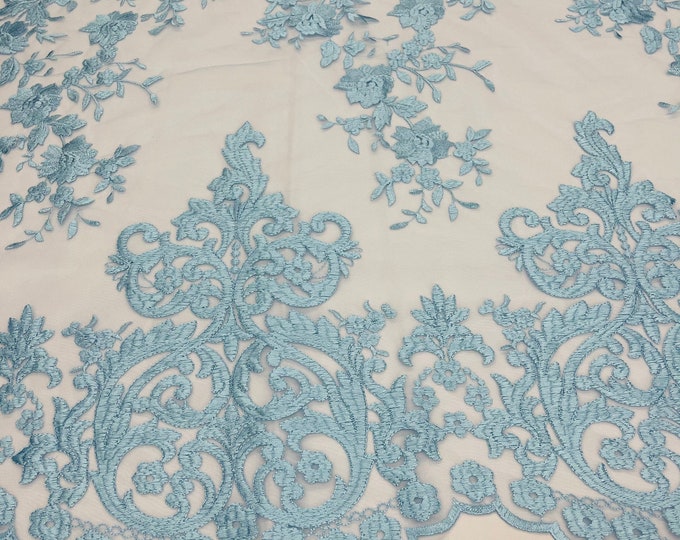 Baby Blue Damask Design Embroidered on Mesh Lace Fabric, Floral Bridal Lace Wedding Dress by the Yard (Pick a Size)
