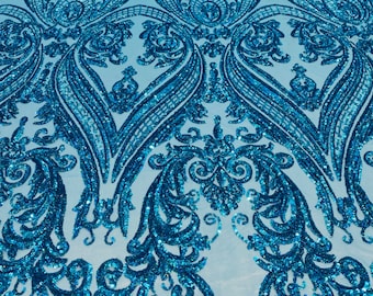 Turquoise Iridescent Sequins Fabric - Damask Design, 4-Way Stretch