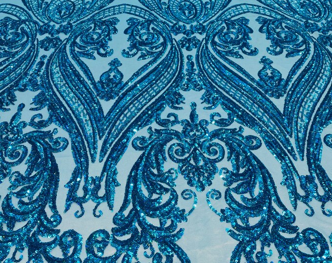 Turquoise Iridescent Sequins - 4 Way Stretch Fancy Big Damask Design Sequins on Spandex Mesh Prom Gala Gown Fabric By The Yard