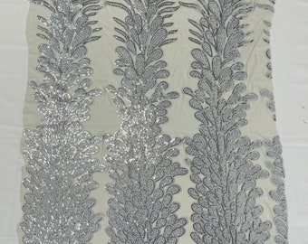 Silver Sequin Lace Fabric, Peacock Feather Embroidery (Sold By 3 Panels)