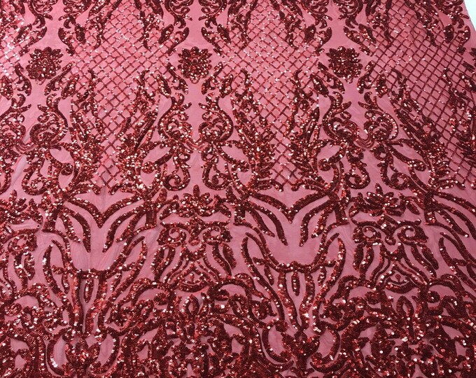 Red Sequin -  Luxury Damask Design Embroidered Spandex 4way Stretch Sequin By Yard -Prom-Gown ( Choose The Size )