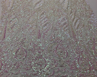 Iridescent Pink Sequin Lace Fabric: Damask Embroidered Mesh, 4-Way Stretch