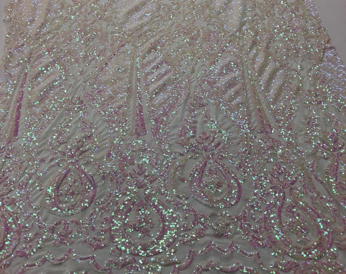 Sequins Iridescent Pink Lace Fabric, DAMASK Design Embroidered on Mesh 4 way Stretch Sequin By The Yard -Prom-Gown ( Choose The Size )