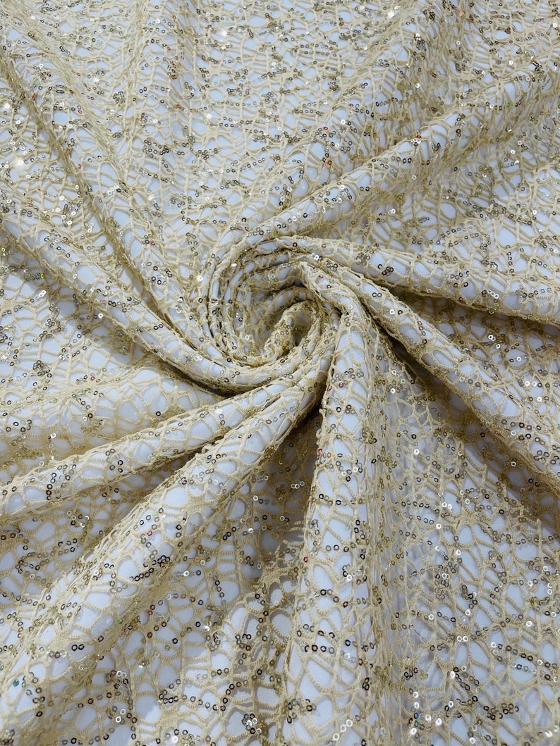Beige Fish Net Fabric, Cast Net Design Champagne Sequins Embroidery on ...