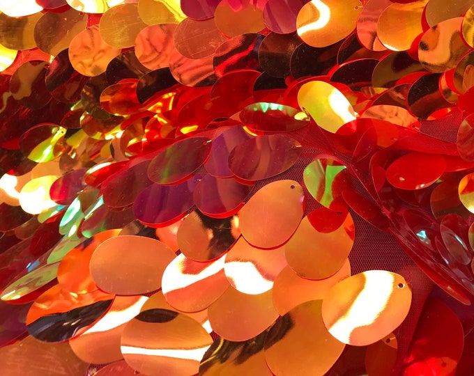 Orange Iridescent Big Sequins Oval Sequin Paillette, by the yard -Red Mesh Tear Drop Mermaid Jumbo Sequins Fabric On a Mesh (Pick a Size)