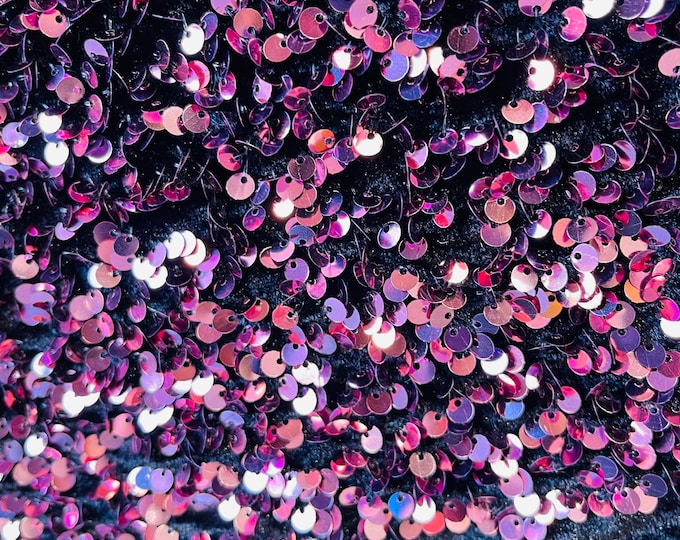Dusty Rose Sequin on Black Stretch Velvet With Luxury Sequins all Over 5mm Shining Sequins 2-way Stretch 58/60” (Choose The Size)