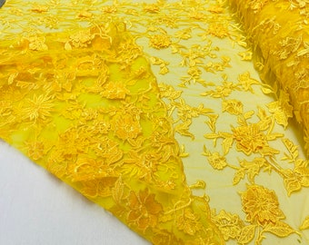 Yellow 3D Flower-Floral and Leaves Embroidery on a Mesh Lace Fabric , Floral Bridal Lace Wedding Dress By The Yard