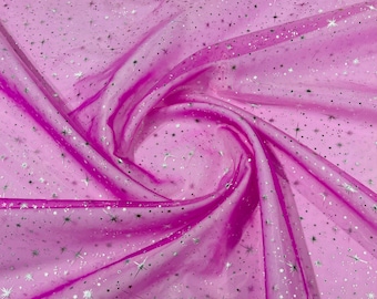 Foil Stars Silver On Fuchsia Sheer Organza Sold by the Yard, 60" Wide - Organza Fabric For Dresses, (Pick a Size)