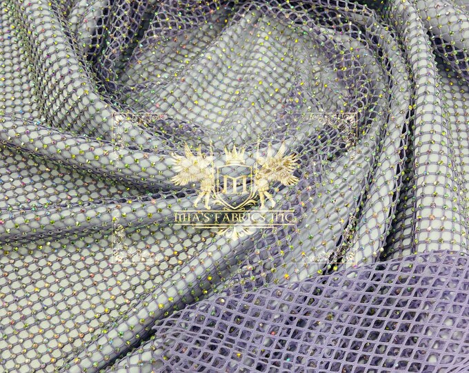 Iridescent Rhinestones Fabric On Lilac Stretch Net Fabric, Spandex Fish Net with Crystal Stones sold by the yard