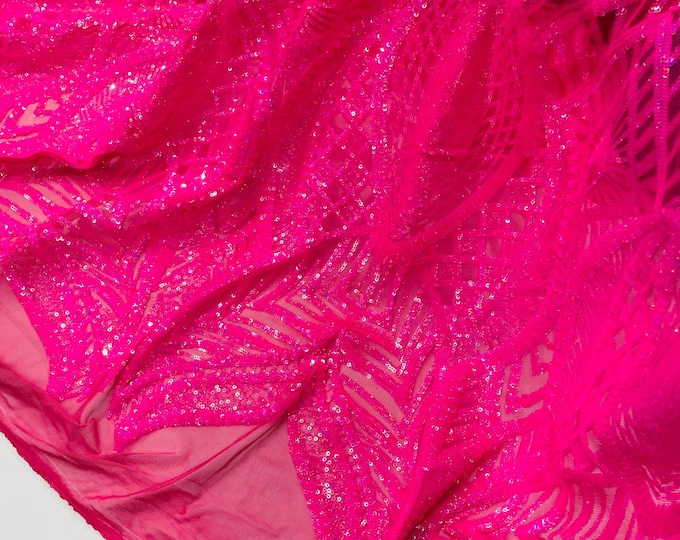 Hot Pink Holographic Sequins Fabric on a Mesh, Royalty Design 4way Stretch Hot Pink Iridescent Sequin-Prom-Gown By The Yard